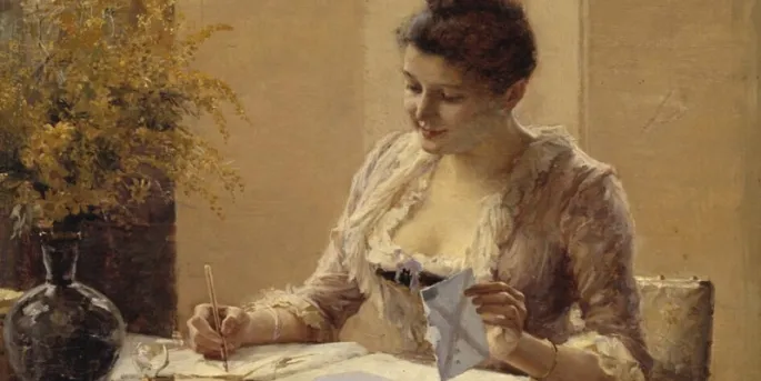 This image is of a nineteenth-century painting depicting a woman writing a letter
