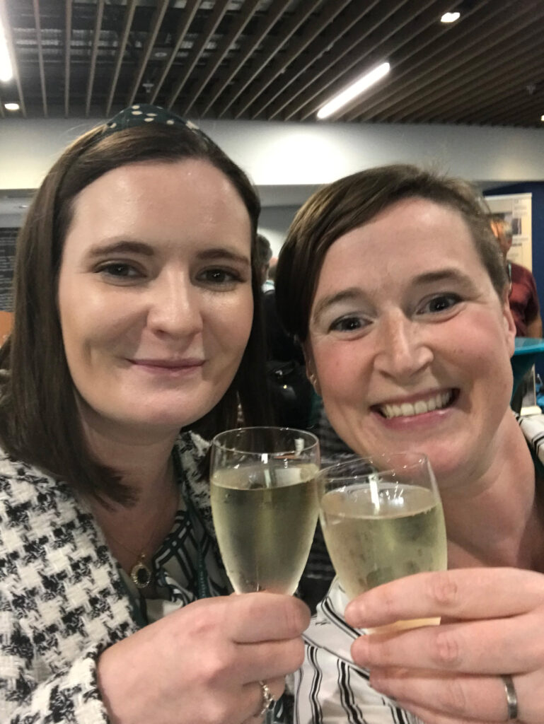 Photo of Clare Lanigan and Lorraine Grimes with glasses of champagne