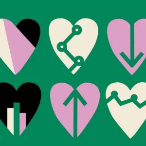 Green banner with white, pink and black hearts