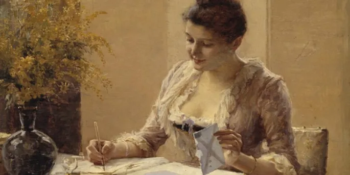 Painting of a woman from the 19th century writing a letter