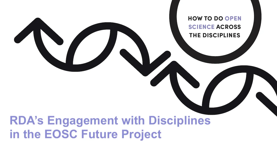 Arrows and circle around the text 'How to do Open Science Across the Disciplines', announcing RDA's Engagement with Disciplines webinar