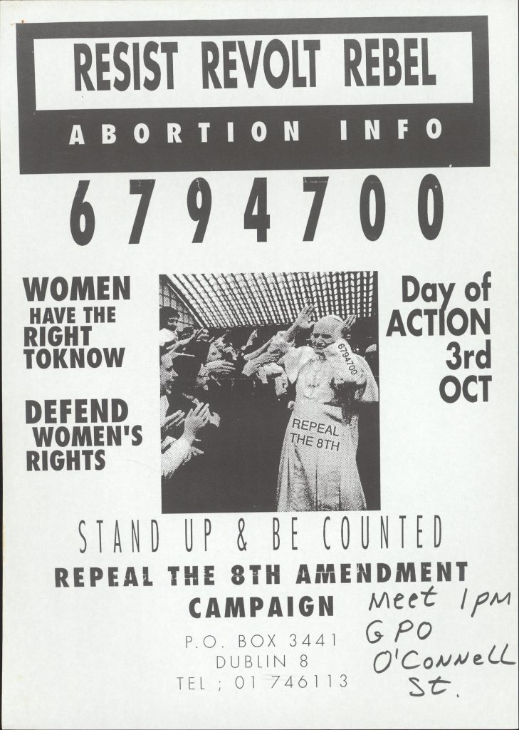 Poster with WIN helpline number and advertising a day of action for the repeal of the Eighth Amendment