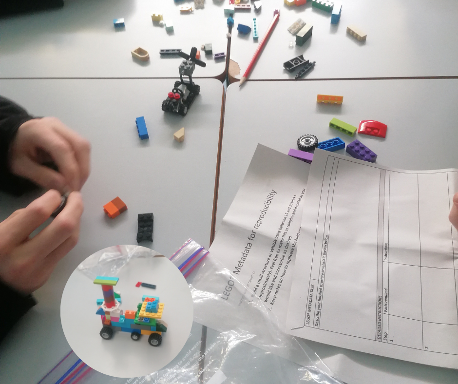 Photo of lego pieces and instructions for the LEGO Metadata for Reproducibility game