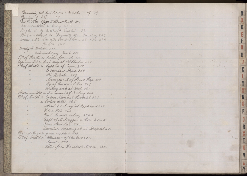 Image of a record book with entries written on the left hand side of the page. To the right is a divider list from A-Z.