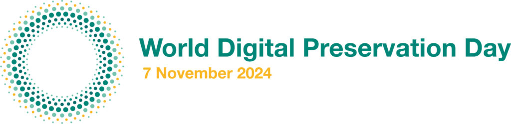 Irish language version of the World Digital Preservation Day logo featuring a globe and digital elements, symbolising the importance of preserving digital heritage.