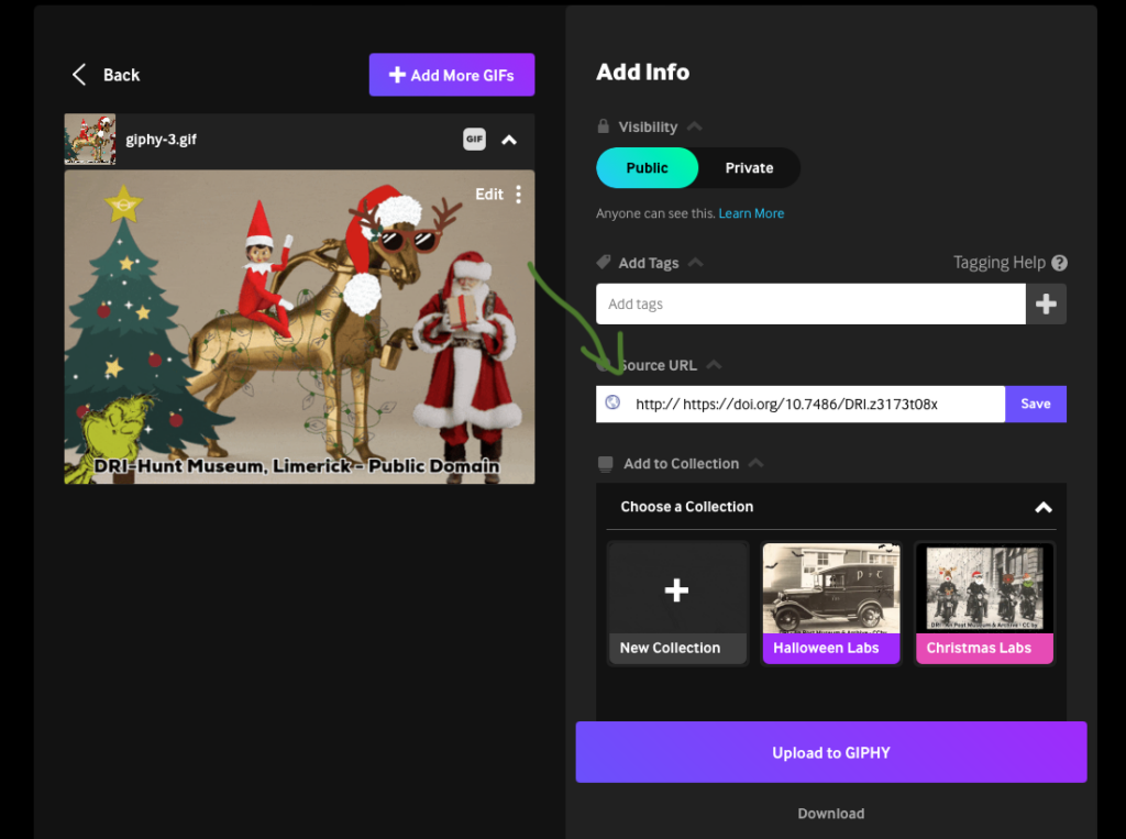 Screenshot from GIPHY showing how to add the source url to a GIF.